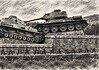 Slag bij de Duklapas in 1944 Grove houtskooltekening van een Duitse Panzer IV en een Sovjet-T-34 tegenover elkaar op het Duklamonument.