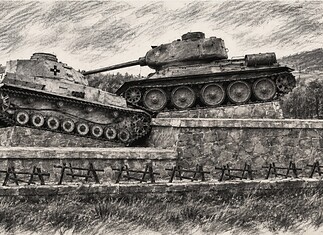 Slag bij de Duklapas in 1944 Grove houtskooltekening van een Duitse Panzer IV en een Sovjet-T-34 tegenover elkaar op het Duklamonument.