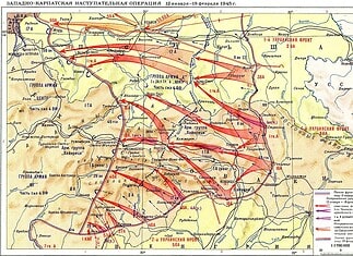 West-Karpatenoffensief: de wintercampagne van 1945 Kaart van het West-Karpatenoffensief in 1945, afkomstig van het ministerie van Defensie van de Sovjet-Unie.