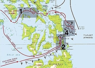 Slag in de Straat Surigao: 25 oktober 1944 Kaart van vlootbewegingen tijdens de vier deelslagen van de Slag in de Golf van Leyte in oktober 1944.