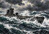 U-559: Duitse onderzeeboot en Enigma-codeboeken U-559 op een wilde zee met hoge golven en schuim, weergegeven als grove houtskooltekening in kleur.